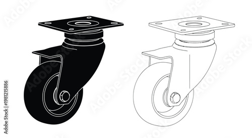 Two renderings of a caster wheel one solid one outline silhouette