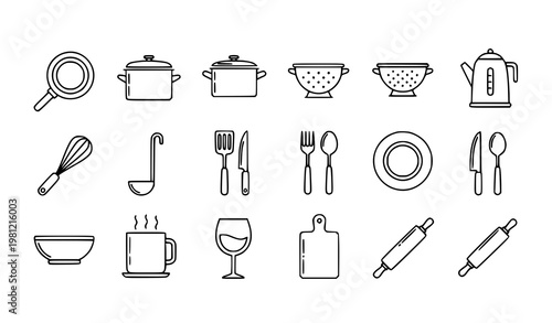 A set of kitchen utensil and dish icons in a minimalist line art style