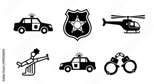 Set of police icons: car, badge, helicopter, handcuffs, and arrest.