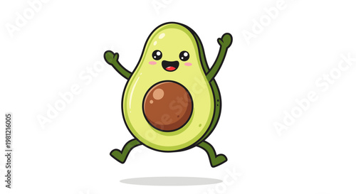 Cartoon avocado character jumping up with joyful expression