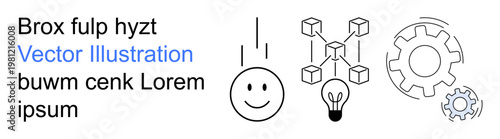 Innovation, technology, networking, problem-solving, system design, brainstorming. Minimalist visuals of gear, light bulb cube network and smiling face. Innovation and technology concepts