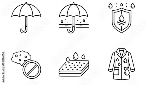 A set of vector icons representing protection from rain and water