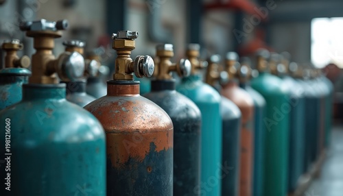 Row of industrial gas cylinders filled with oxygen nitrogen carbon dioxide hydrogen and argon. Metal containers with valves are ready for use in manufacturing or welding.