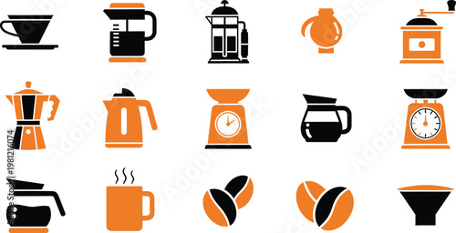 Set of fifteen coffee preparation icons including brewers, grinders, scales, and beans in orange.