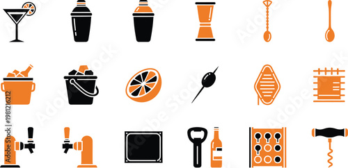 Set of eighteen barware and bartending tool icons including shakers, glasses, and openers.