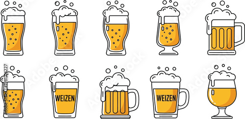 Assortment of Beer Glasses with Foam and Bubbles pint weizen