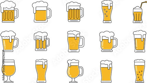 Assortment of Beer Mugs and Glasses with Frothy Tops drink beverage