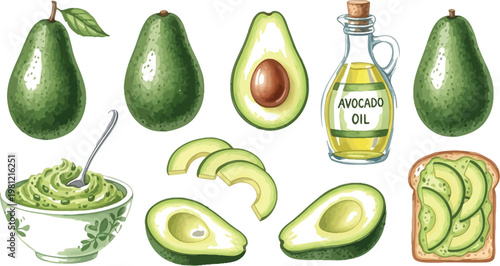 Assorted varieties of fresh avocados displayed together Vector