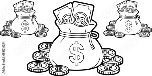 Money bag, cash, dollar, finance, wealth, vector icons, 3 bags, coins, currency