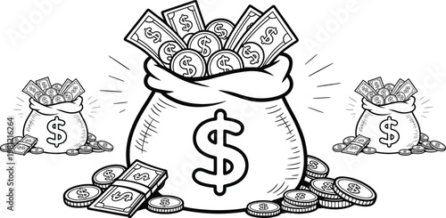 Money bag with dollars, cash vector illustration, financial icon, money pile