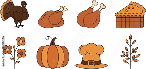 Thanksgiving day icons turkey pumpkin cornucopia and autumn harvest elements