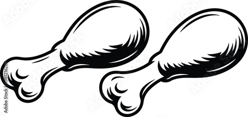 Chicken drumsticks, bone-in meat, black and white illustration, food icons, vector graphics