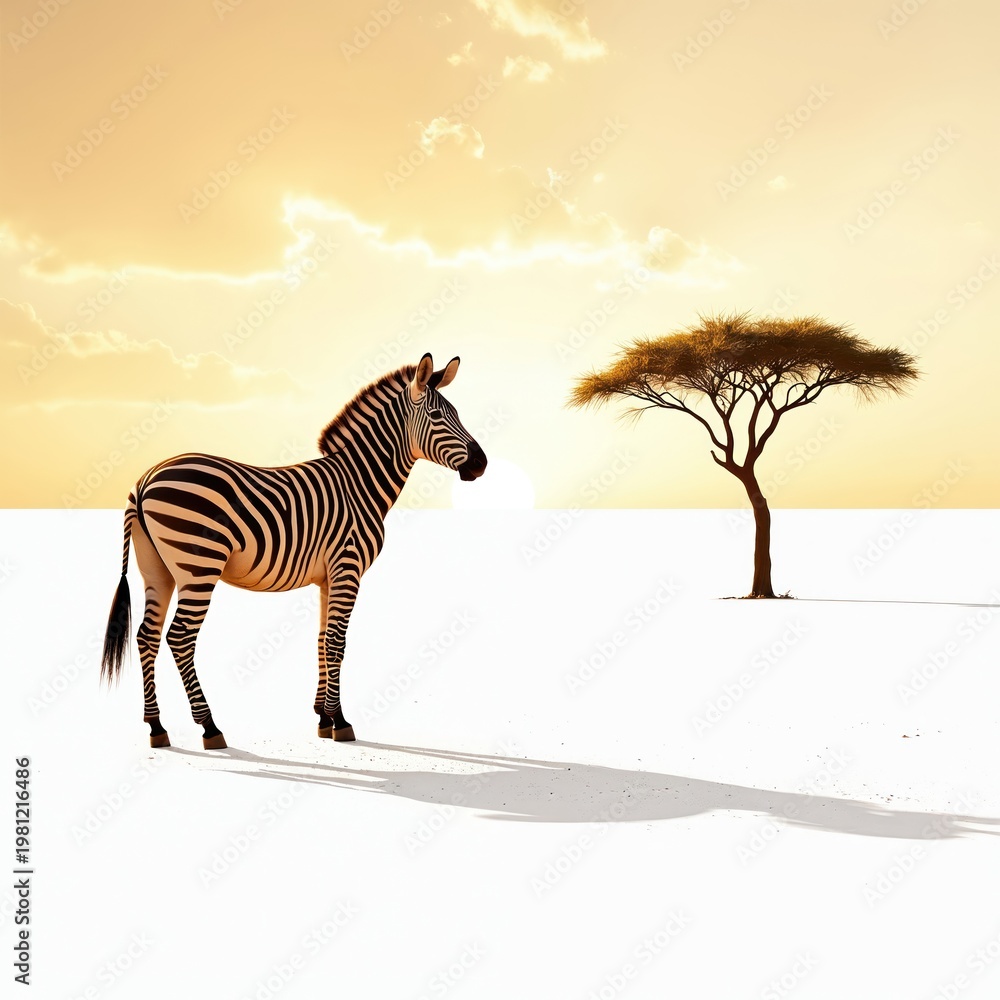 Fototapeta premium Lone zebra stands on white ground near acacia tree. Golden sunset sky with clouds creates long shadows. Wildlife scene in African savanna landscape. Calm animal observes nature.