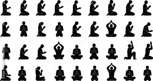 Praying people silhouettes collection, kneeling and meditation poses set, spiritual worship figures illustration, yoga and prayer positions bundle, isolated black human silhouettes pack