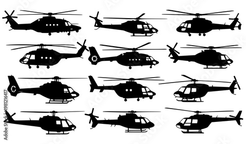 Helicopter silhouette vector set military and civilian aircraft collection isolated on white