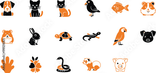 Collection of cute pet animal icons including dogs cats birds fish and reptiles in black and orange