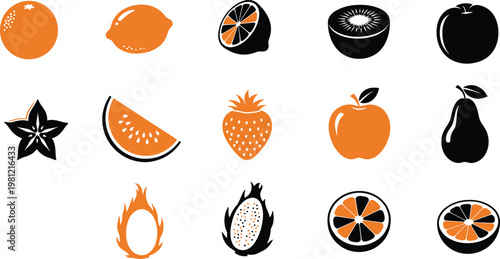 Collection of stylized fruit icons featuring orange and black color schemes on a white background.
