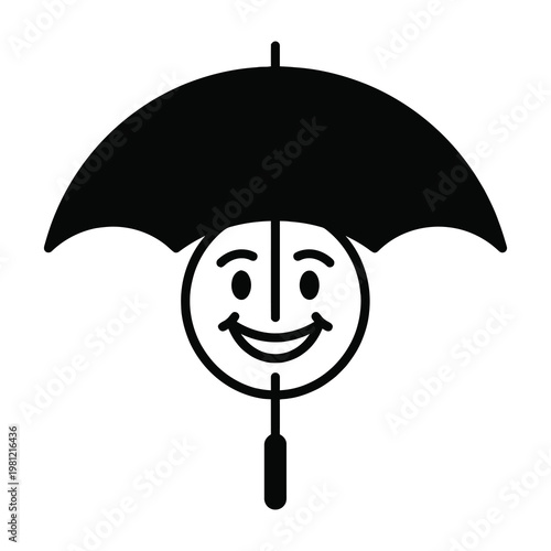 Happy Face Icon Under Umbrella Black Silhouette Design for Weather Protection and Insurance Symbol