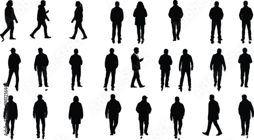 Programmer silhouettes with coding background, developers team standing figures, software development concept illustration, technology workspace scene, isolated human silhouettes over code screen