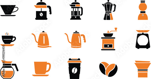 A collection of orange and black icons representing various coffee brewing equipment and accessories