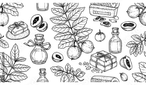 Haritaki Terminalia Seamless Pattern Herbal Spa Cosmetic Vector