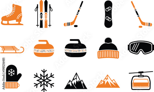 Collection of winter sports and outdoor activity icons in orange and black style