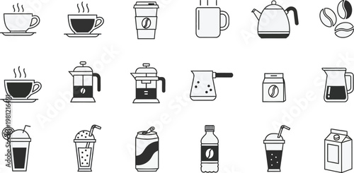 Assortment of coffee and beverage icons in a simple line art style drink