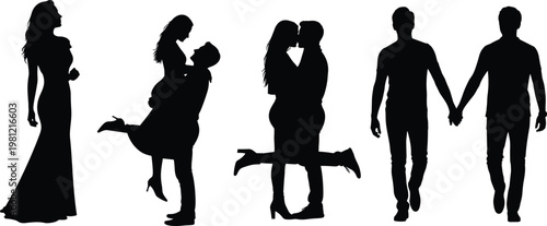 Romantic couple silhouettes collection, love and relationship poses, kissing and holding hands, romance concept, black isolated figures, valentine illustration set