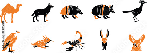Stylized desert wildlife icons featuring a camel wolf armadillo roadrunner vulture and fennec fox