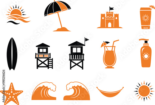Collection of orange and black beach icons featuring a surfboard, sandcastle, and lifeguard tower.