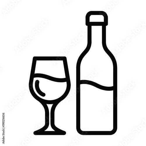 Wine Bottle and Glass Icon Symbol Representing Alcohol Beverage Service and Restaurant Drink Menu