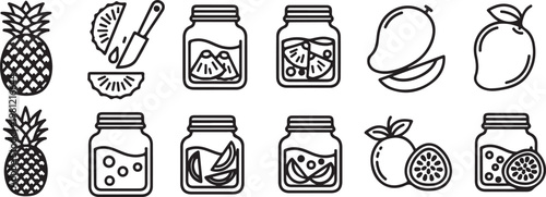 A collection of illustrated fruits, vegetables and kitchen utensils in a row Vector