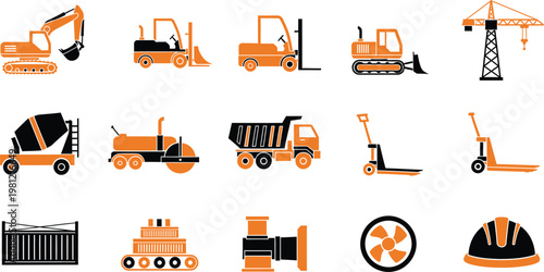 Collection of construction and industrial equipment icons with excavator crane and truck.