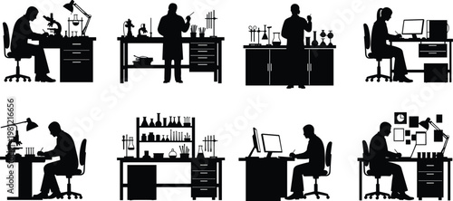 Scientist and researcher silhouettes collection, laboratory work scenes set, people working at desk and lab equipment, scientific experiment illustration, isolated black figures bundle