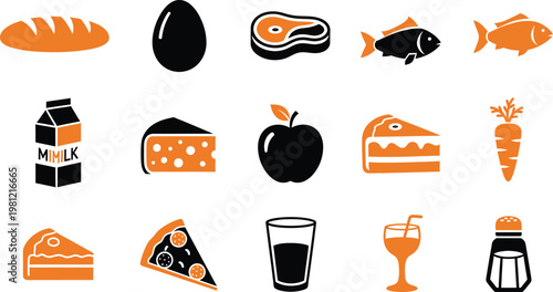 A collection of various food and drink icons in a simple black and orange flat design style