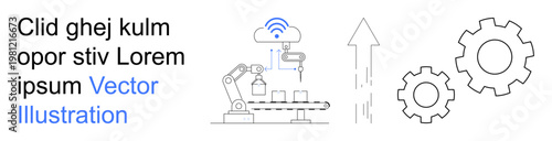 Industrial technology, automation, engineering, productivity, smart manufacturing, mechanics. Robotic arm and gears with wireless signal and arrow. Industrial technology and automation concepts