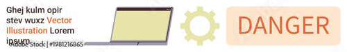 Technology safety, digital threats, warnings, system alerts, software issues, troubleshooting. Laptop, gear icon and danger sign . Technology safety and digital threats concept