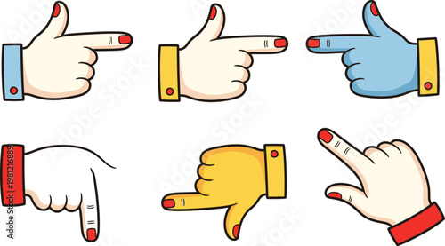 Cartoon Hands Gesturing with Fingers Pointing and Thumbs Down on White Background