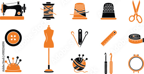 A collection of vintage style sewing and tailoring icons including a sewing machine and thread.