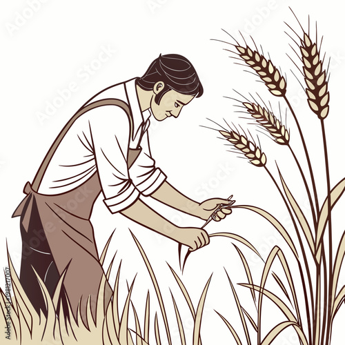 A vintage style illustration depicts a farmer harvesting wheat in a field showcasing a traditional agricultural scene with golden grain high quality