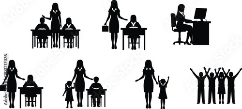 Teacher and students silhouettes collection, classroom education scenes set, school learning activity figures illustration, kids and teacher interaction bundle, isolated black human silhouettes pack