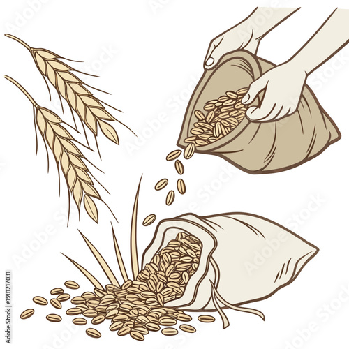 A hand tilts a sack releasing golden wheat grains and seeds depicting harvest abundance and agricultural prosperity high quality professional detailed modern
