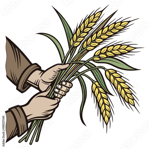 A vintage style illustration depicts a pair of hands gently holding a bountiful bundle of golden wheat stalks and green leaves