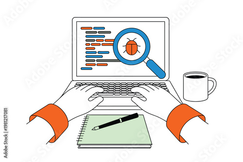 Orange cartoon cat sitting at cluttered desk with laptop and coffee cup