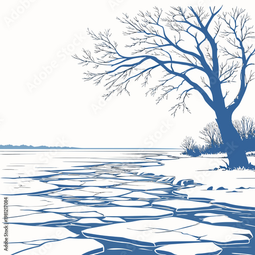 A serene winter landscape depicts a large bare tree overlooking a frozen river and a distant snow covered shoreline high quality professional