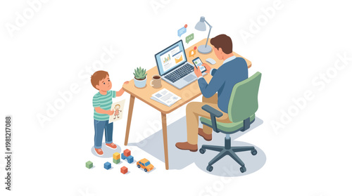 Father and son at desk.