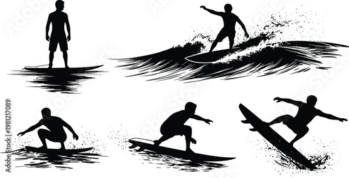 Surfing silhouette set showing surfer riding waves performing tricks ocean sport action collection black isolated extreme water sport illustration