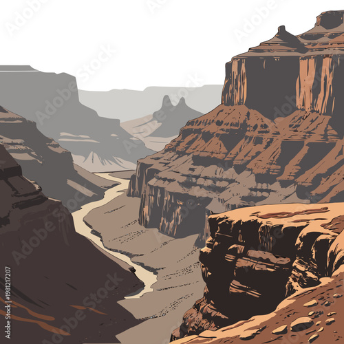 A stylized illustration depicts the grand canyon s vast landscape with layered rock formations and a winding river below high quality professional