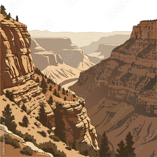 A stylized illustrative depiction of the grand canyon s vast layered rock formations and winding river below high quality professional detailed modern