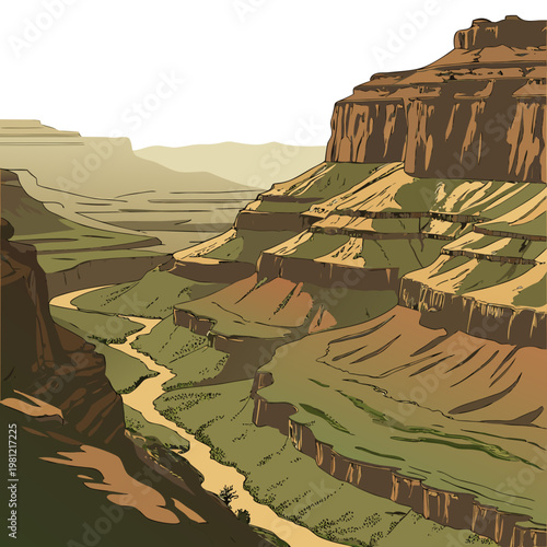 A stylized illustration depicts the grand canyon s layered rock formations and the colorado river winding through its depths high quality professional